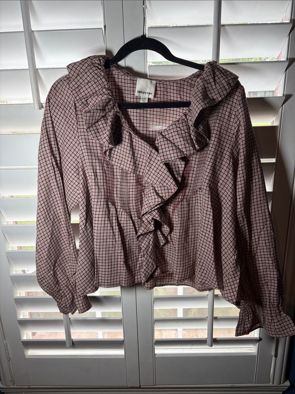 Ruffled Plaid Button-Front Blouse in Brown and Pink